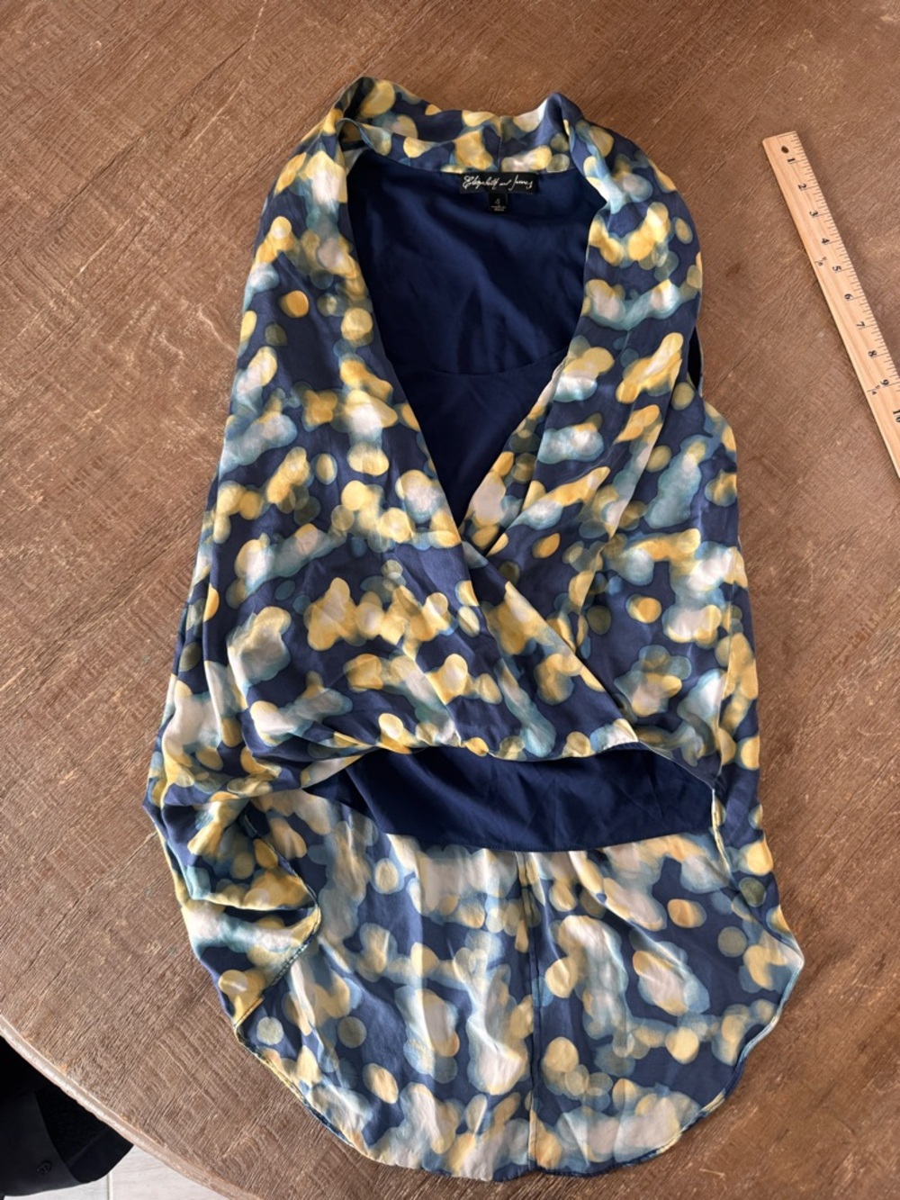 ELIZABETH and JAMES Printed Blue Silk Surplice Draped High Low Blouse Top S